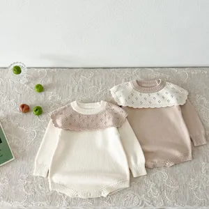 Nourrisson Bébé Fille Tricoté Ajouré Col Lotus Manches Longues Romper Pur Coton Jumpsuit Mignon Vêtements Quotidiens