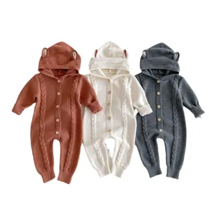 Cute Hooded Cable-Knit Baby Romper Jumpsuit Infant Toddler Cotton Knit One-Piece Outfit