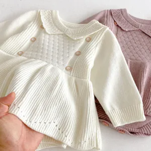 Baby girl knitted romper dress cute autumn winter long sleeve ruffle baby bodysuit detail