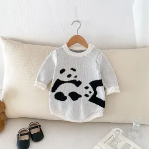 Baby knitted romper featuring cute panda pattern, warm long sleeve winter baby jumpsuit, cozy.
