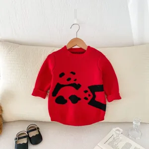 Cute baby autumn winter knit romper, stylish cartoon panda sweater infant crawling jumpsuit.