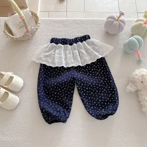 Fall baby girl floral leggings with white lace ruffle, toddler pants for sweet daily wear.