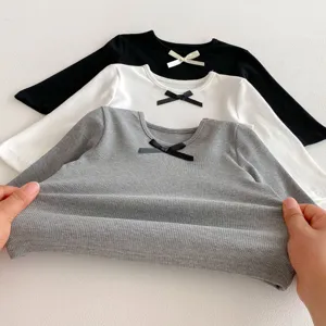 Girls long sleeve t-shirt set, cute bow collar, ribbed knit fabric, basic casual top.