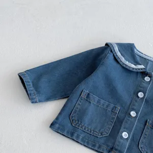 Infant baby girl soft denim jacket detail, cute sailor collar and front pocket design.