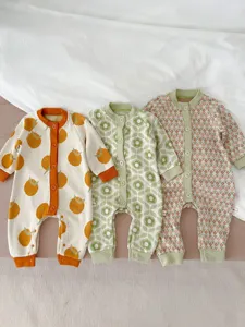 Cute knit baby rompers set featuring three different autumn patterns for infants.