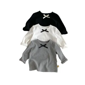 Cute toddler baby girls long sleeve t-shirt set with bowknot solid color casual top.