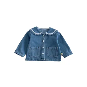 Infant baby girl soft denim jacket with cute sailor collar, long sleeves, front buttons and pockets.