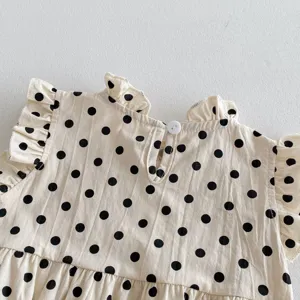 Infant summer sleeveless polka dot romper with cute ruffles and stand collar design.