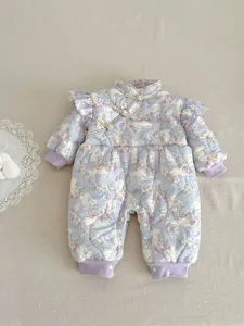 Baby girl quilted warm romper with cute rabbit floral print and chinese style frog buttons detail.