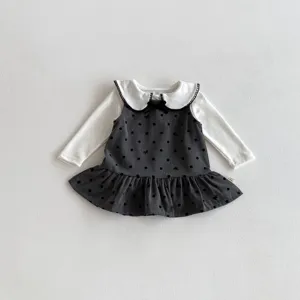 Infant baby girl long sleeve blouse and polka dot dress set, cute doll collar design and ruffles.