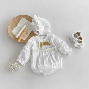 Nourrisson Bébé Filles Manches Longues Dentelle À Capuche Barboteuse Coton Couleur Unie Nœud Printemps Automne Mignon Jumpsuit