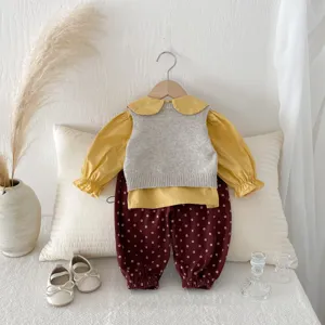 Cute Baby Girl Autumn Clothing Set Long Sleeve Blouse Knit Vest Floral Trousers 2Pcs