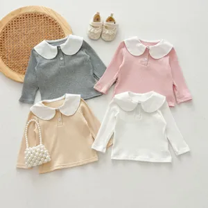 Infant baby girls long sleeve t-shirt sweet doll collar cotton ribbed top toddler autumn clothes.