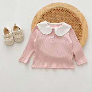 Infant baby girls pink long sleeve top with white doll collar for cute autumn daily wear.