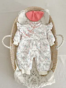 Cute baby girl winter quilted romper set with hat floral rabbit print warm clothing