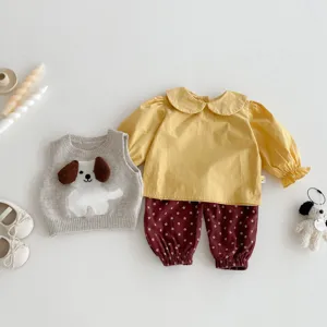 Cute baby girl autumn outfit set featuring yellow blouse, floral pants, and knitted vest.