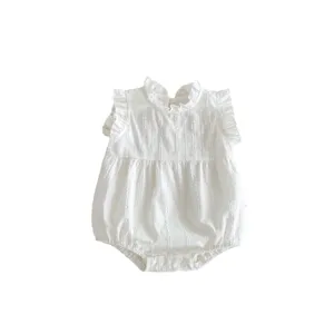 Cute white baby girl sleeveless romper with ruffles, breathable cotton summer bodysuit main image.