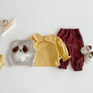Cute toddler autumn outfit set featuring knit vest, yellow collar shirt and floral pants.