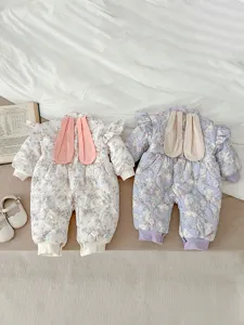 Cute baby girl winter floral romper with bunny ears, fleece lined warm infant cotton jumpsuit.
