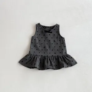 Baby girls autumn polka dot sleeveless dress with sweet bow and cute ruffle hem details.