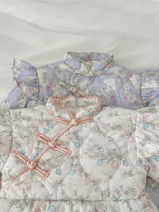 Cute baby winter fleece-lined cotton romper with rabbit floral print and Chinese frog buttons.