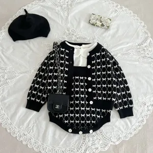 Baby girl knit cardigan set infant toddler black white tweed outfit cute baby clothes