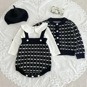 Infant baby girls autumn knit cardigan set with black white houndstooth romper beret hat chic outfit.