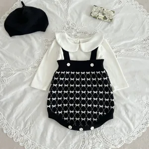 Baby black and white knit romper set with beret, cute infant outfit for autumn daily wear.