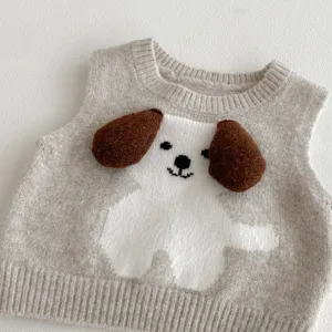 Detailed view of baby knitted vest featuring cute 3D puppy ears and soft oat knit fabric.