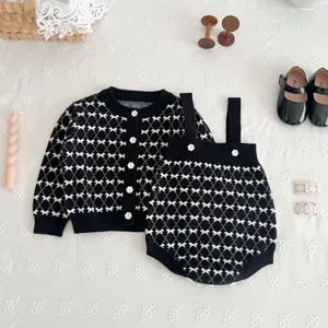 Infant baby girl knit cardigan and strap romper set cute black white chic autumn outfit