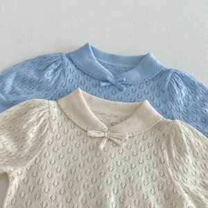 Infant sweet hollow-knit short-sleeve top with collar and bow detail for baby girls.