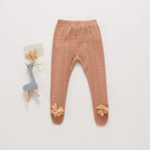 Collants tricotés pour bébé fille avec fleurs, pantalon chaud de nourrisson en automne.