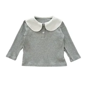 Baby girl grey ribbed long sleeve top with sweet white doll collar t-shirt for autumn