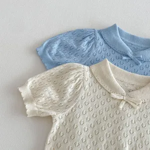 Infant baby knit short sleeve shirt detail, hollow out polo collar cute summer top set.