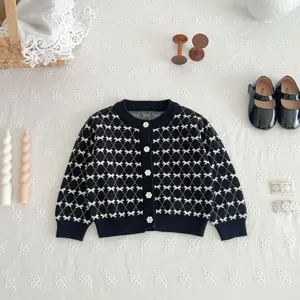 Baby girl black white knit cardigan sweater, elegant floral button toddler knitwear coat.