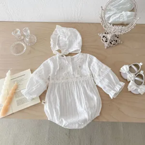 Nourrisson bébé fille blanc dentelle combishort bonnet ensemble mignon à manches