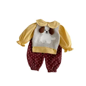 Adorable baby girl autumn 2-piece set with long sleeve top, knit vest, and cute pants.