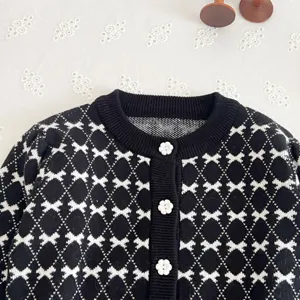 Infant baby girls black white knit cardigan sweater cute floral buttons toddler outerwear