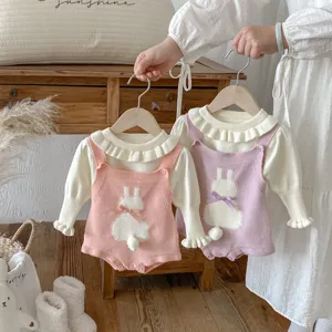 Baby Mädchen Strick Pullover Strampler Set Süßes Kaninchen Langarm Oberteil Und Trägerhose Kleinkind Herbst Winter Outfit