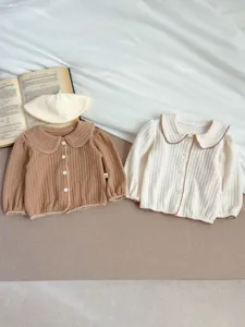 Cardigan de punto para nina bebe montana manga larga top cuello contraste volante sueter nuevo