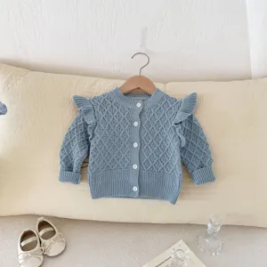 Infant baby blue knit cardigan, cute ruffles and diamond pattern, soft cotton fabric detail.