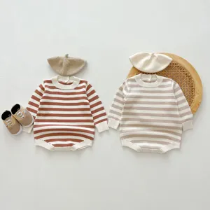 Neugeborene Baby Jungen Mädchen Strick Strampler Herbst Langarm Rundhals Gestreifter Jumpsuit Kleinkind Casual Einteiler
