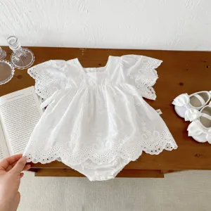 White baby girl lace romper with cute flying sleeves and delicate embroidery, cotton infant dress.