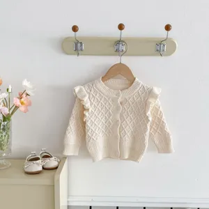 Infant baby knitted cardigan sweater with diamond pattern, ruffles long sleeve outerwear.