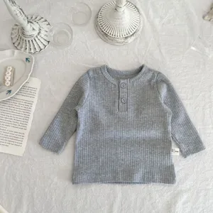 Baby ribbed cotton long sleeve t-shirt grey round neck infant top clothes 0-2y