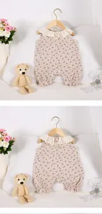 Baby girl floral romper detail view, sweet ruffle collar design, soft summer clothing.