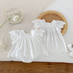 Baby girl summer white lace flying sleeve romper and dress set, cotton infant clothing.