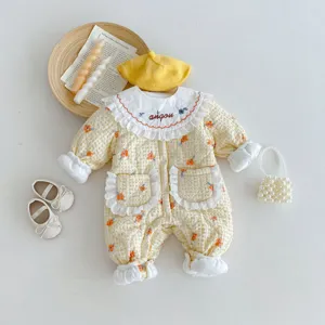 Baby padded winter jumpsuit cute floral romper with collar and matching accessories set