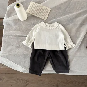 Infant baby girl boy corduroy pants and ruffled long sleeve top outfit set cute spring wear