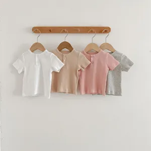 Set t-shirt neonato a maniche corte a costine, top in cotone tinta unita girocollo casual chic.